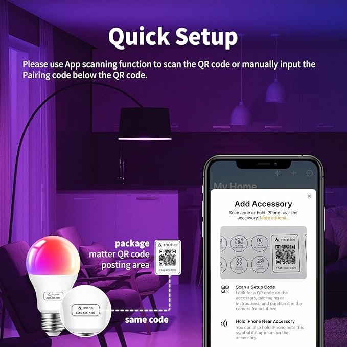 ANWIO Matter Smart Light Bulbs 8.5W (60W Replacement) A19 E26 LED Bulb Compatible with SmartThings App, Alexa, Google Assistant, Color Changing Light Bulb, 806lm,2.4Ghz only,Hub Required（4-Pack）