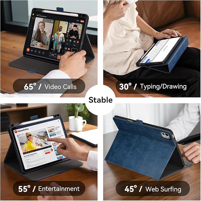 Handmade Case for iPad Pro 13 Inch (M5/M4) 2025/2024 with Pencil Holder Pocket,Magnetic Closure,Auto Sleep/Wake,Vegan Leather Folio Protective Cover,Multi Angles Stand,Dark Blue