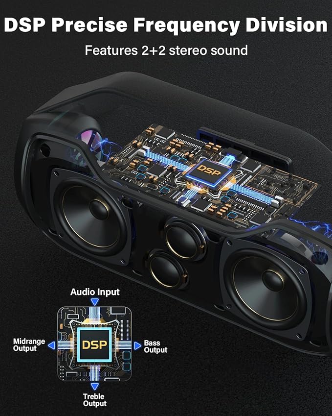 Portable Bluetooth Speaker Bass Boost, 120W Peak Loud Powerful Speakers Wireless w/2*Bass and 2*tweeters, 20H Playtime,IPX6 Waterproof, BT5.4, Suitable for Party, Beach, Camping,Outdoor,Large Jobsite,