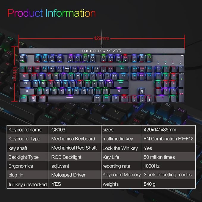 MOTOSPEED CK103 RGB LED Backlit Wired Mechanical Gaming Keyboard, 103 Keys Hot-Swap Mechanical Keyboard w/Aluminum Base, Upgraded Socket and Noise Absorbing Foams, Soft Tactile Blue Switch
