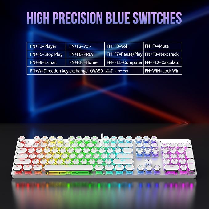 Typewriter Mechanical Gaming Keyboard with RGB Backlit Red Switches, 104 Keys Retro Round Keycap, Wired Typewriter Style Comfortable Typing Soud (R-White)