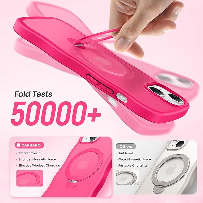 CAPRARO for iPhone 13 Case & iPhone 14 Case with 360° Spin Magnetic Stand for Women, [Compatible with MagSafe] [Camera Protection] Cute Wave Translucent Matte Case for iPhone 13/14, Hot Pink