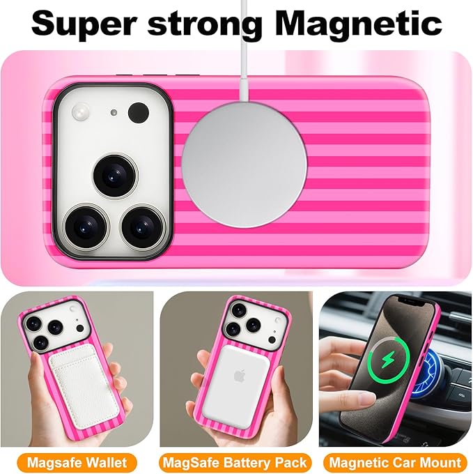 Magnetic for iPhone 17 Pro Case Cute Stripes Phone Case, Shockproof Slim TPU and Hard PC Protective Phone Cover Compatible with MagSafe Designed for Women Girls, Deep Pink