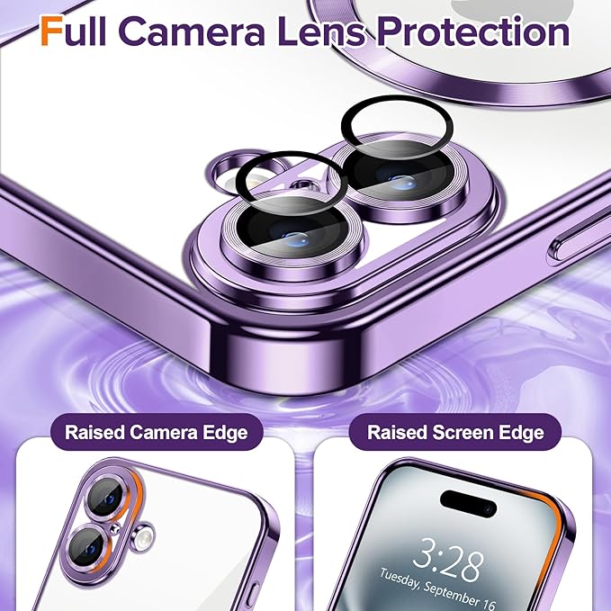 Hython Magnetic Clear for iPhone 16 Plus Case with Camera Lens Protector [Compatible with MagSafe] Luxury Plating Edge Slim Soft TPU Cover Protective Phone Case for iPhone 16 Plus 6.7", Deep Purple