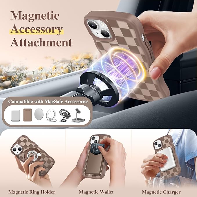 GVIEWIN Cute for iPhone 14 Case & iPhone 13 Case [Compatible with MagSafe] [Curly Wave Edge] Floral Translucent Magnetic Shockproof Protective Phone Cover for iPhone 14/13 6.1'', Grids/Brown