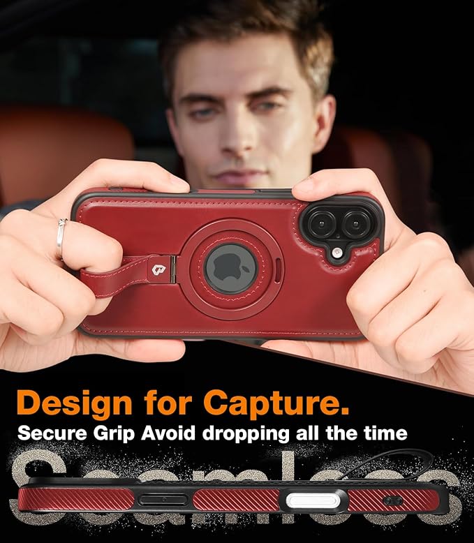 Butaiga for iPhone 16 Plus Leather Case with Stand, Anti-Slip Grip Ring, Fits for MagSafe (Burgundy, iPhone 16 Plus)