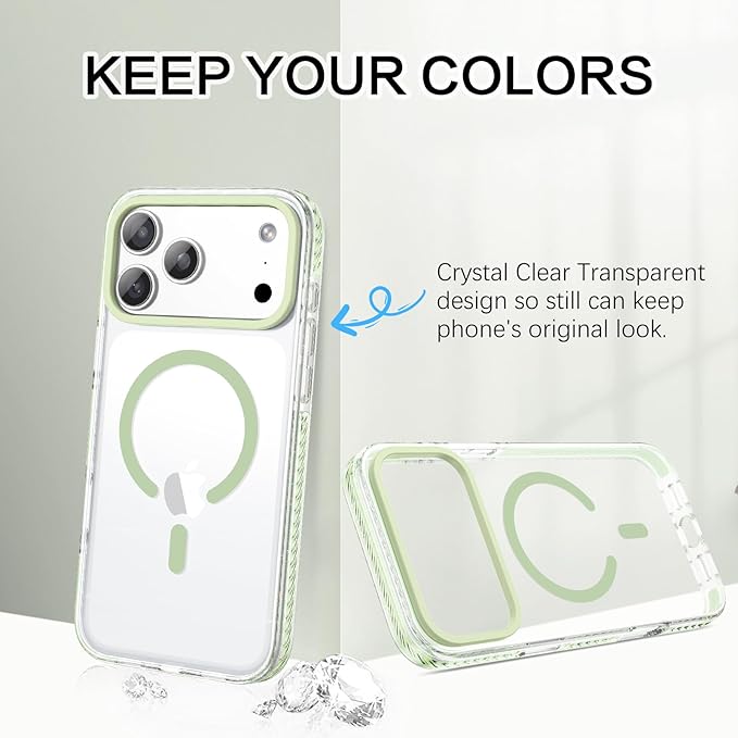 BENTOBEN Magnetic for iPhone 17 Pro Case 6.3", Compatible with Magsafe Military Shockproof Protective Bumper Cute Transparent Slim Anti-Yellowing Phone Case for iPhone 17 Pro Cover, Clear Light Green