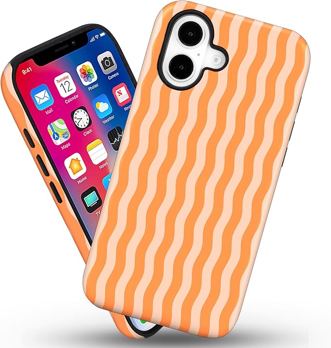 Magnetic for iPhone 16 Case Cute Wavy Stripes Phone Case, Shockproof Slim TPU and Hard PC Protective Phone Cover Compatible with MagSafe Designed for Women Girls, Orange
