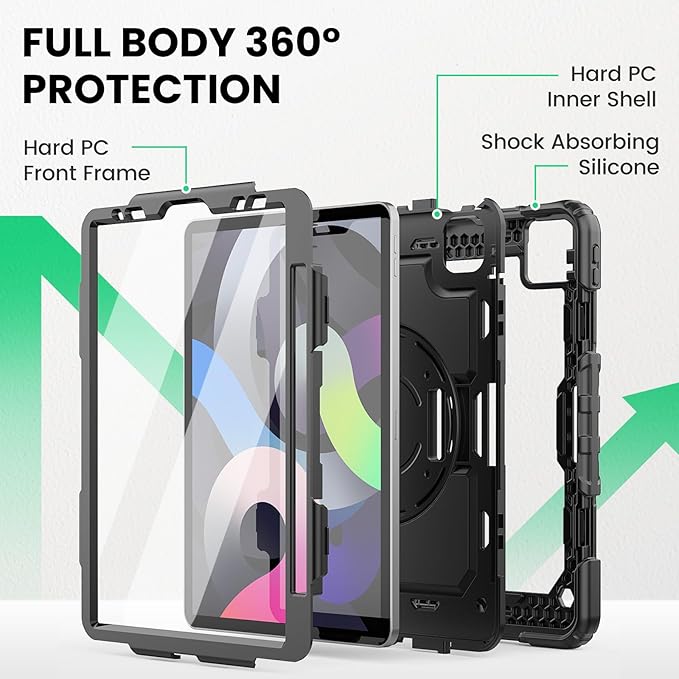SEYMAC Case for iPad Air 5th/ 4th Generation 10.9 Inch, Full-Body Shockproof Protective Case with Screen Protector, Rotating Stand/Handle/Shoulder Strap/Pencil Holder for iPad Air 5/ Air 4, Black