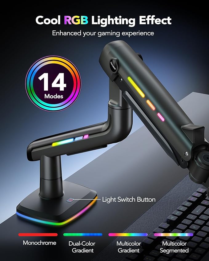 HUANUO 45 inch Monitor Arm, Heavy Duty Single Monitor Mount Holds 44 lbs for Ultrawide/Curved/Gaming Screen, Fully Adjustable with C-Clamp & Grommet Base, Max VESA 100x100mm, RGB