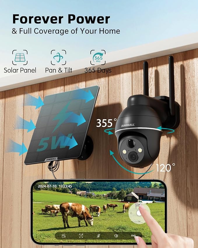 ZUMIMALL 4G LTE Cellular Security Cameras Wireless Outdoor, 2K No WiFi Cameras for Home Security with 360° View, Color Night Vision, 2-Way Talk, AI Detection, Built in SIM Card, Black