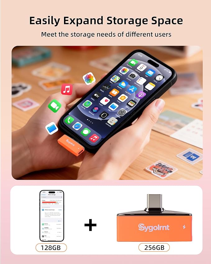 USB C Flash Drive for iPhone Photo Stick 128GB Thumb Drive with Type-C Charging Port, USB Memory Stick for Photos Videos, High Speed Jump Drive External Storage for iPad/Android Phones/PC (Orange)