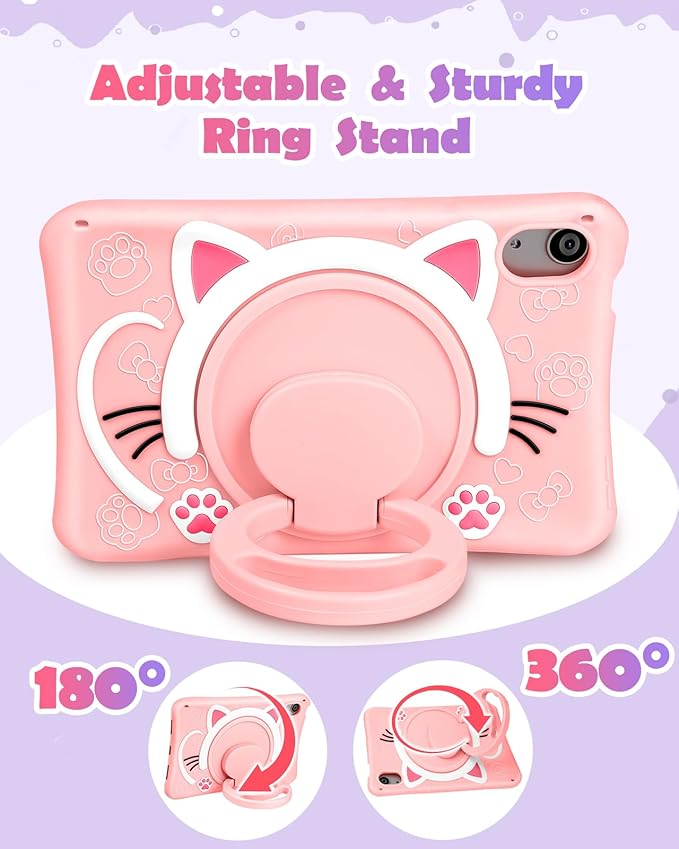 Wazzasoft for iPad mini 7 A17 Pro 2024, for iPad mini 6 Case 8.3 Inch Girls Cute Cat Kawaii Cover Girly Women Kitten with Rotating Stand & Strap Soft Silicone Funda for iPad mini 7th/6th Gen Cases