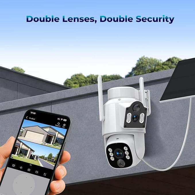 Solar Security Cameras Wireless Outdoor, Dual-Lens Security Camera System, Multi-Angle Monitoring, 360°PTZ, 2K Color Night Vision,2-Way Audio, 0 Monthly Fee, 2.4 & 5GHz WiFi