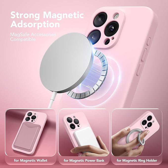 Magnetic for iPhone 14 Pro Case, Compatible with MagSafe, [Full Camera Protection][Screen Protector] Silicone Shockproof Protective Phone Case for iPhone 14 Pro 6.1", Chalk Pink