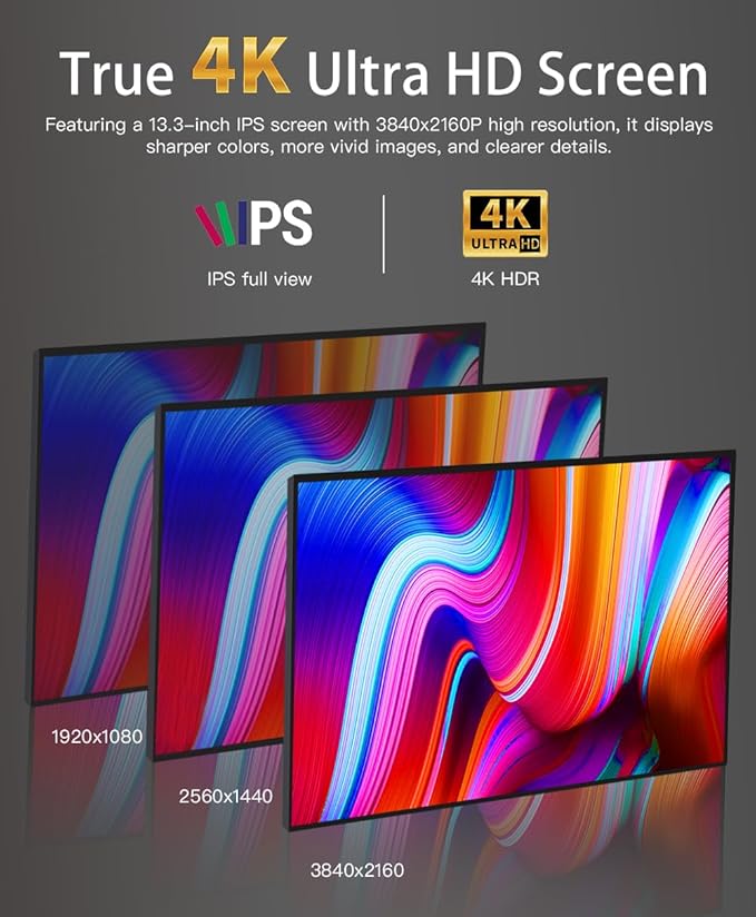 4K Portable Monitor 13.3 inch 3840x2160 UHD IPS USB-C HDMI 100% sRGB Gaming Travel Display with Speakers for Computer Laptop Switch PC