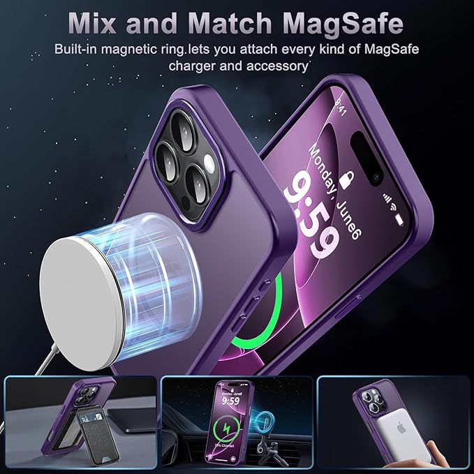 Newfuture Designed for iPhone 16 Pro Case with Magnetic [13 FT Military Drop Protection] [Compatible with Magsafe] Slim Translucent Matte Shockproof with Anti-Fingerprint Phone Case,Deep Purple
