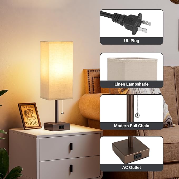 Bedside Lamps for Bedroom Set of 2 - Small Rectangular Nightstand Lamp with USB A C Charging Port, 3 Color Temperatures Desk Light with Bulb, Brown Tabletop Reading Lamp for Living Room/Dorm/Office