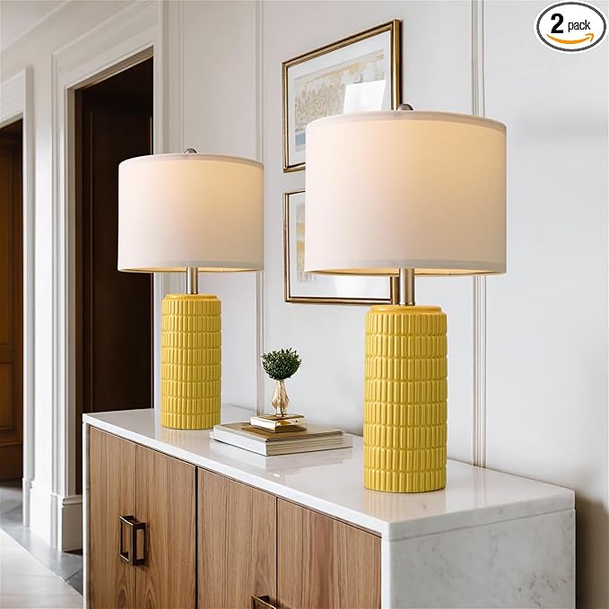 PoKat 23" Yellow Table Lamps Set of 2, Modern Living Room End Table Lamps Decor, Ceramic Lamps for Living Room, Contemporary Nightstand Lamps for Side Console Table Hallway Gift