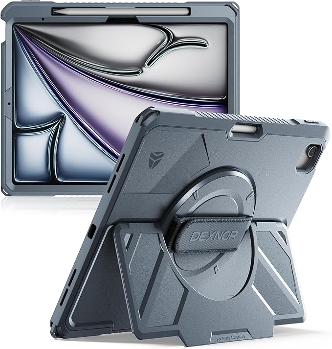 Dexnor Case for iPad Air 13 inch M4/M3/M2 (2026/2025/2024), Rugged Protective Case with 360° Rotating Hand Strap& Steady Stand& Screen Protector& Pencil Holder Shockproof Full-Body Bumper Cover, Blue