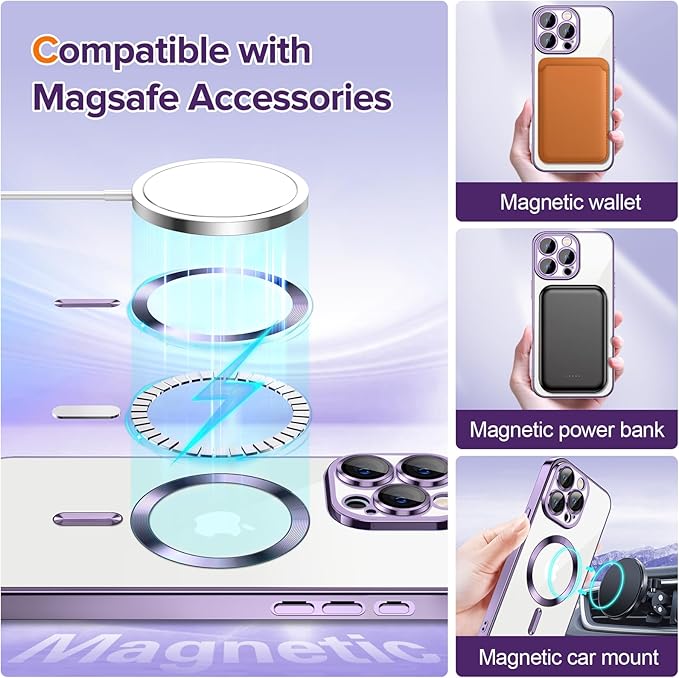 Hython Magnetic Clear for iPhone 15 Pro Max Case with Camera Lens Protector [Compatible with MagSafe] Plating Edge Slim Soft TPU Cover Protective Phone Case for iPhone 15 Pro Max 6.7", Deep Purple