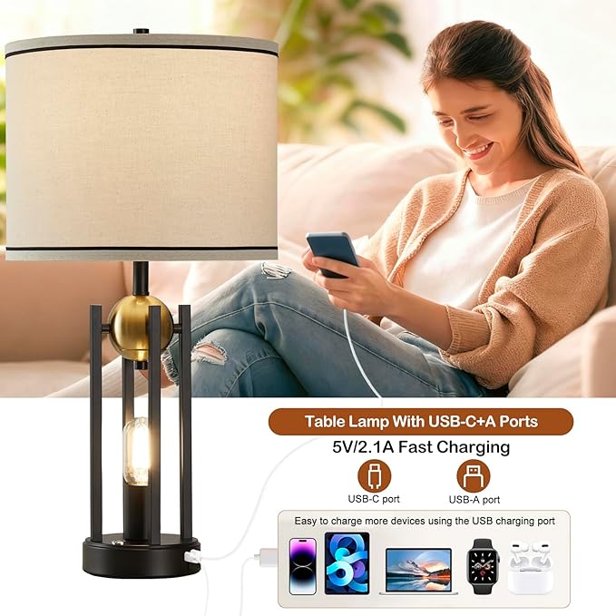 25'' Farmhouse Table Lamps for Living Room Set of 2 with USB C+A Ports, Rustic Vintage Bedside Lamp for Bedroom, Touch Lamps for Nightstand, Dual Lights Independent Switch, Bulb Included, Gold