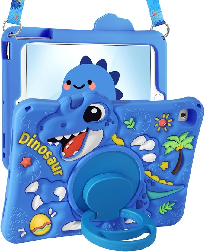 Boaretiu for iPad 6th/5th Gen Case, for iPad Air 2nd/Air 1st/Pro 9.7 inch 2016 Case - Cute Cartoon Silicone Cover with Adjustable Shoulder Strap & Rotating Stand for Kids Boys Girls, Blue Dinosaur