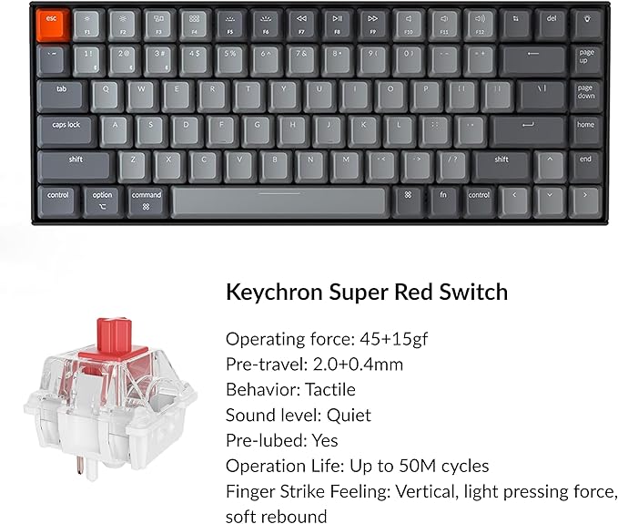 Keychron K2 75% Layout Bluetooth Mechanical Keyboard Super Red Switch/White LED Backlit/Anti Ghosting/N-Key Rollover/84 Key USB C Wired Computer Keyboard for Mac Windows-Version 2