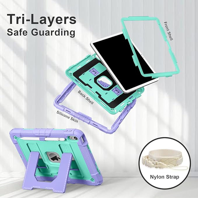 Kids Friendly Case for iPad A16 11th Generation 11 Inch 2025 / iPad 10th Generation 10.9" 2022 Case with Pencil Holder & Shoulder Strap, Hybrid iPad 11 10 Cover Rugged Shockproof Kickstand,Purple+Mint