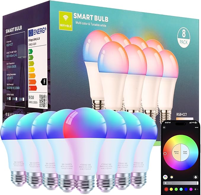 FRIDEKO HOME LED Smart Light Bulbs - Wi-Fi & Bluetooth Light Bulbs, Color Changing Light Bulb Compatible with Alexa and Google Assistant, A19 E26 RGBTW Light Bulb, 800LM (8 Pack)