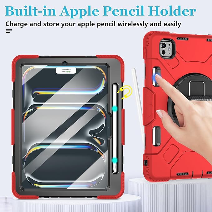 Case for iPad Pro 11 M5 2025/ M4 2024: Protective Cover for iPad Pro 11 Inch 5th Generation with Screen Protector- Stand- Handle- Shoulder Strap- Pencil Holder-Black+Red