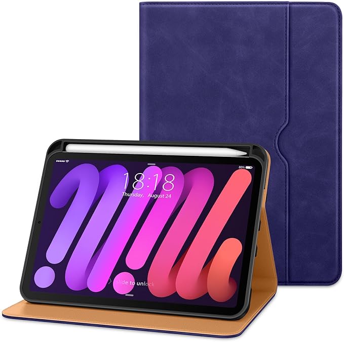 DTTO for iPad mini 7th (A17 Pro) 2024/iPad Mini 6th Generation Case 2021 8.3 Inch, Premium Leather Business Folio Stand Cover for Mini 7/6 with Pencil Holder-Multiple Viewing Angles, Deep Blue