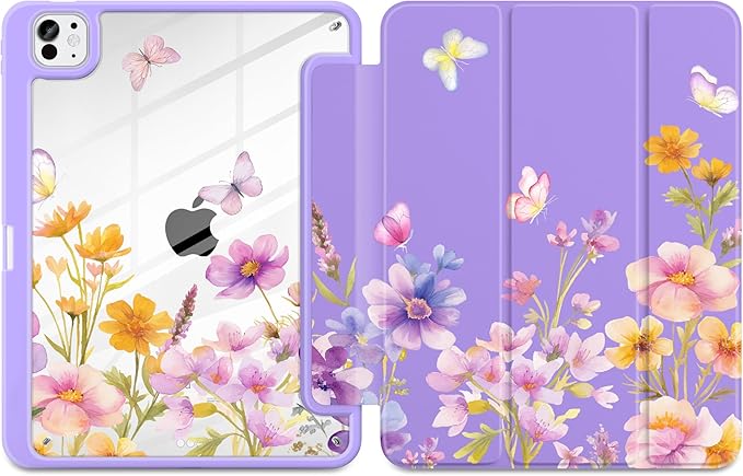 Case for iPad Pro 11 inch (M5) 2025 (M4) 2024 Release Slim Lightweight Cute Purple Cover with Clear Back TPU Edge Pencil Holder Trifold Stand, Watercolor Flower
