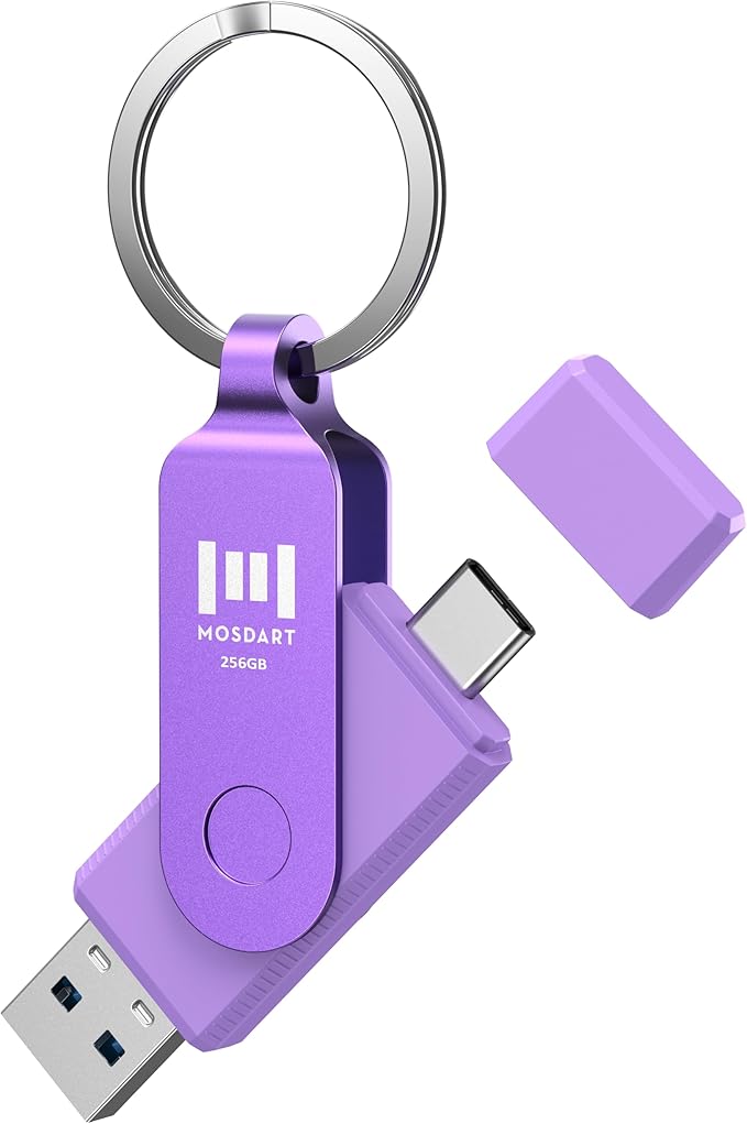 MOSDART 256GB USB C 3.2 Fast Speed C and A Dual Flash Drive, exFAT Memory Stick with Keychain and LED Indicator, for iPhone 15,16,17, Android Phone, iPad, MacBook, and Other Laptops, Purple