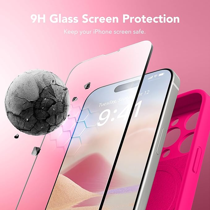 Magnetic for iPhone 14 Pro Max Case, Compatible with MagSafe, [Full Camera Protection][Screen Protector] Silicone Shockproof Protective Phone Case for iPhone 14 Pro Max 6.7", Hot Pink