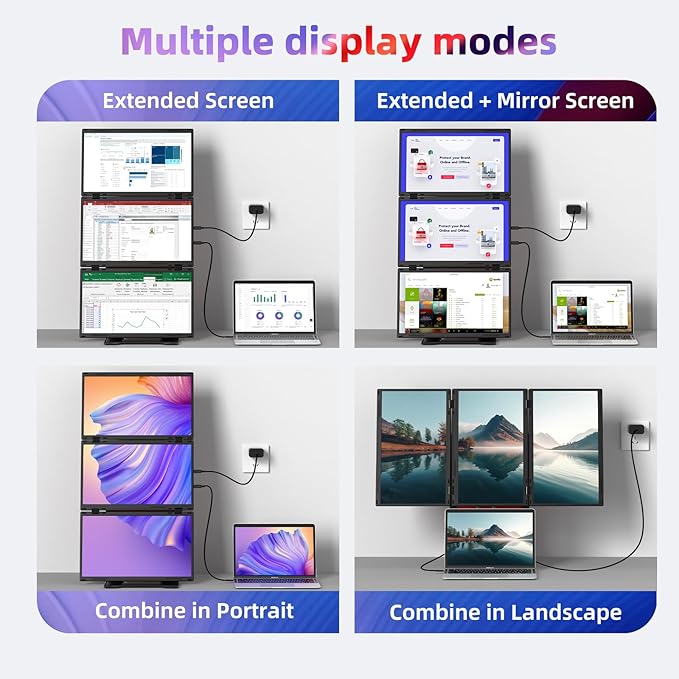 Quad Laptop Screen Extender, 15.6" FHD 1080P Quad Monitor, Combine into One 30" Screen (Landscape/Portrait), Just 1 Cable for 3 Screens, Driver Required, Compatible with Wins & Mac(M1/M2/ M3/M4/M5)