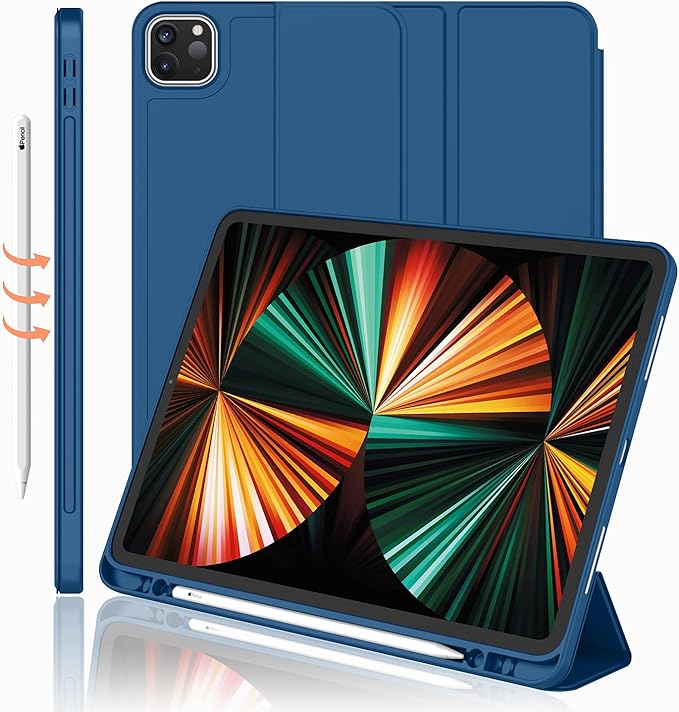 iMieet New iPad Pro 12.9 Case 2022(6th Gen)/2021(5th Gen) with Pencil Holder [Support iPad 2nd Pencil Charging/Pair],Trifold Stand Smart Case with Soft TPU Back,Auto Wake/Sleep(Navy Blue)