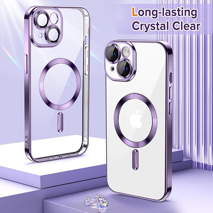Hython Magnetic Clear for iPhone 14 Case with Camera Lens Protector [Compatible with MagSafe] Luxury Plating Edge Slim Soft TPU Cover Protective Phone Case for iPhone 14 6.1", Deep Purple