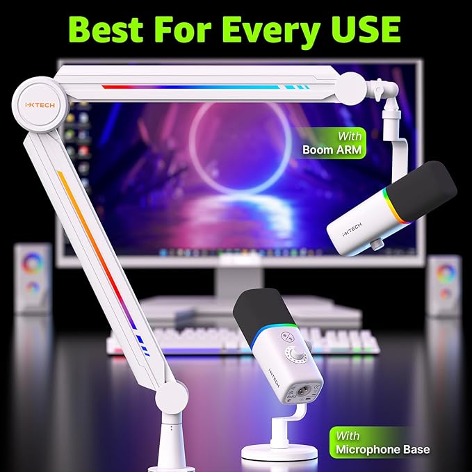 IXTECH Gaming USB Microphone for PC, Noise Cancellation Condenser Mic for Podcasts and Video Streaming with Tripod Stand, Pop Filter, Shock Mount, Gain Control, RGB Lights, Quiet Mute Button (White)