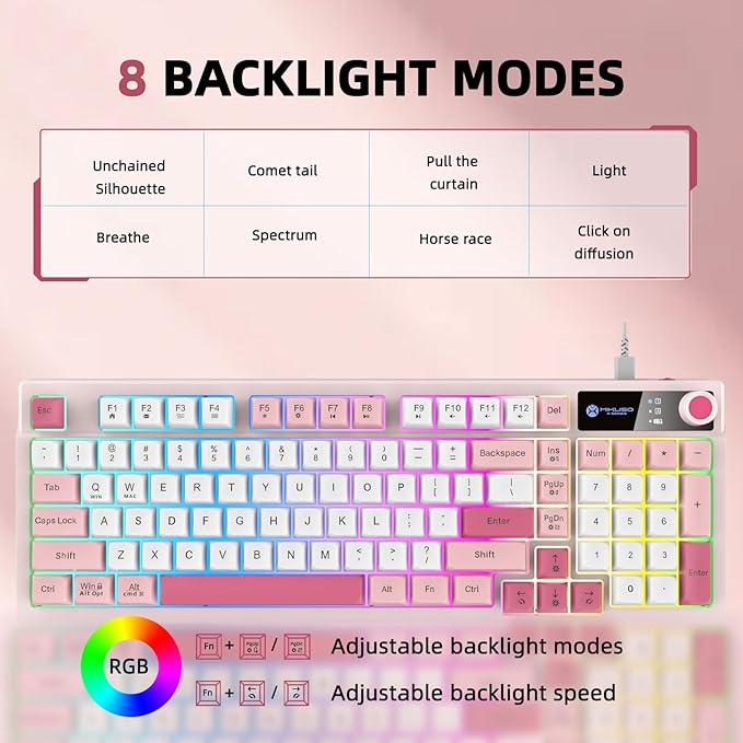 98-Key Wired Keyboard, RGB Backlit Gaming Keyboard with Volume Knob & Side Light Bar, 8 Lighting Modes & 7 Color Changes, Plug and Play USB Keyboard for PC/Mac,Laptop Pink