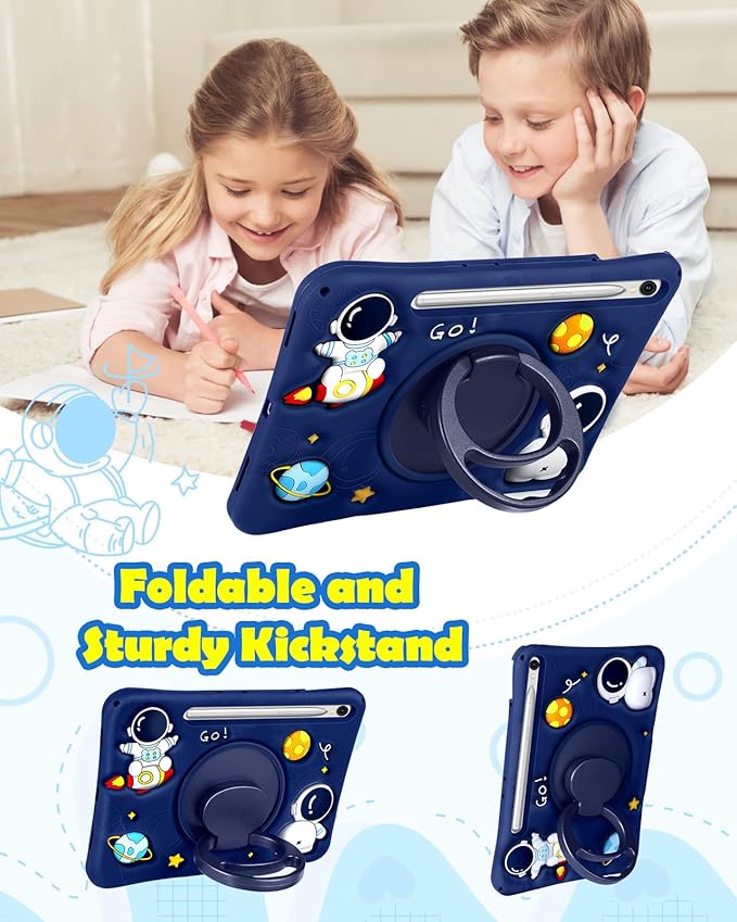 Wazzasoft for Samsung Galaxy Tab S10 FE/S9 FE Case - Tab S9 Case Boys Cute Astronaut Cover Kawaii 3D Spacemen with Rotating Handle Stand + Strap Soft Silicone Cover Funda para Tab S10 Fe 10.9 Inch