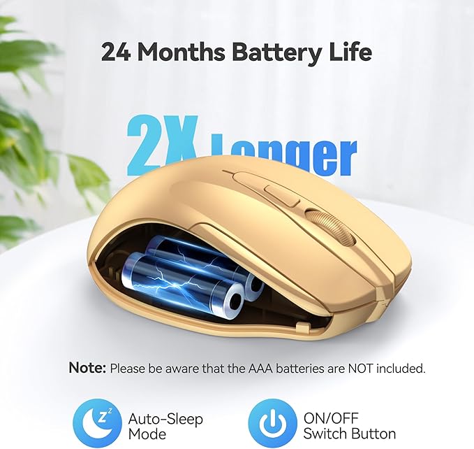 TECKNET Wireless Mouse, 2.4G Ergonomic Optical Mouse, Computer Mouse for Laptop, PC, Computer, Chromebook, Notebook, 6 Buttons, 24 Months Battery Life, 2600 DPI, 5 Adjustment Levels - Gold
