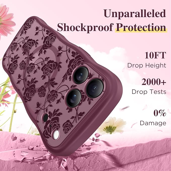 GVIEWIN for iPhone 17 Pro Max Case Compatible with MagSafe [Curly Wave Edge][Full Camera Protection] Floral Translucent Shockproof Magnetic Women Phone Case for 17 Pro Max, Filigree Rose/Burgundy