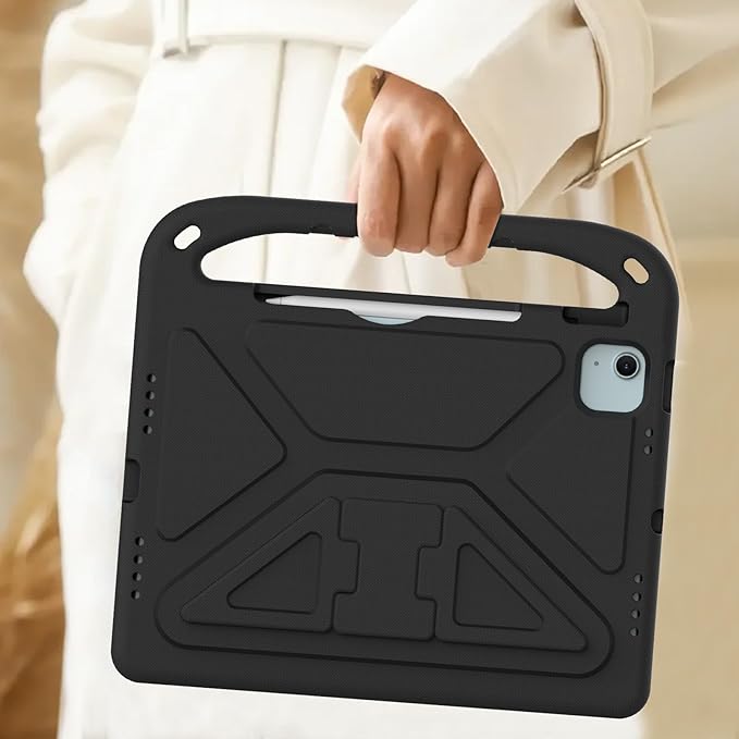 Kids Case for Apple iPad Air 11 inch M4/M3/M2 (2026/2025/2024) with Pencil Stylus Holder/Handle/Kickstand Slim Lightweight Cute Soft Shockproof EVA Folio Stand Protective Tablet Cover, Black
