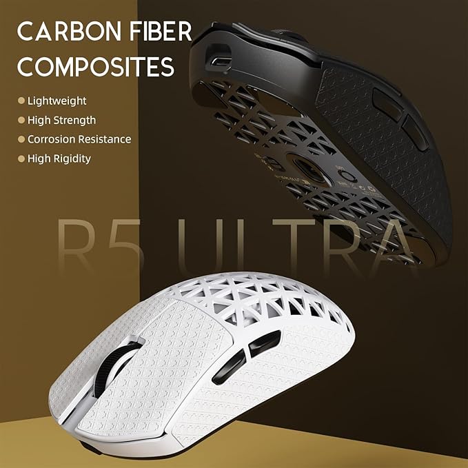 ATTACK SHARK R5 Ultra Wireless Gaming Mouse,Carbon Fiber Shell 39g Superlight,PAW3950MAX Nordic 52840 MCU 8K Polling 42K DPI Optical Sensor,BT/2.4G/USB-C Wired Mice with Coiled Cable-Black&Griptape