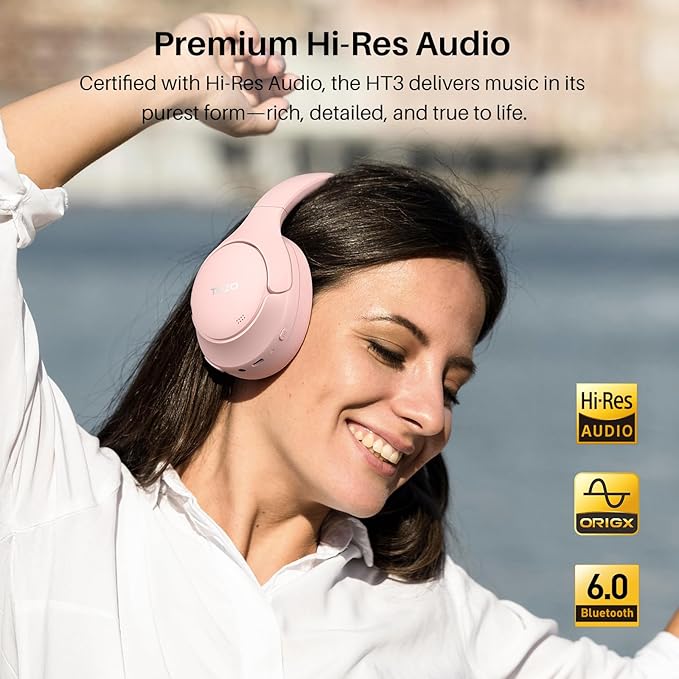 TOZO HT3 Hybrid Noise Cancelling Headphones, 90H Battery Life Wireless Over Ear Bluetooth 6.0 Foldable Headset, AI Voice Assistant with 5 Mics, Connect 2 Devices & Hi-Res Sound, 32 Audio EQ, with Case