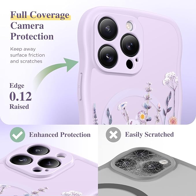 GVIEWIN for iPhone 16 Pro Max Case Compatible with MagSafe [Curly Wave Edge][Full Camera Protection] Floral Translucent Shockproof Magnetic Women Phone Case for 16 Pro Max, Floratopia/Purple
