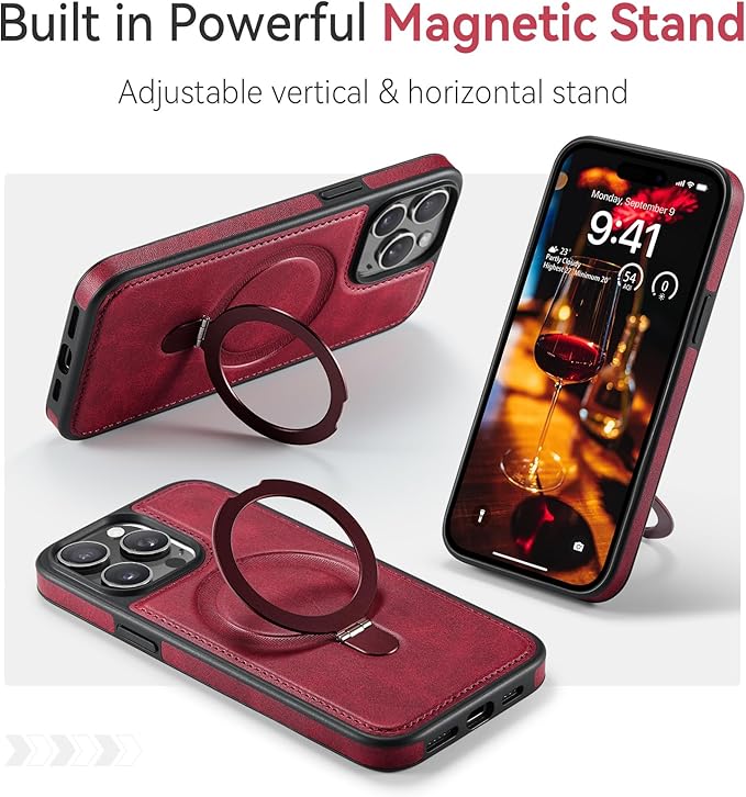 Compatible with iPhone 14 Pro Case with Stand, Compatible with MagSafe, Slim PU Leather & Durable TPU Protective Cover Drop-Proof with Tempered Glass Screen Protector 6.1", Red