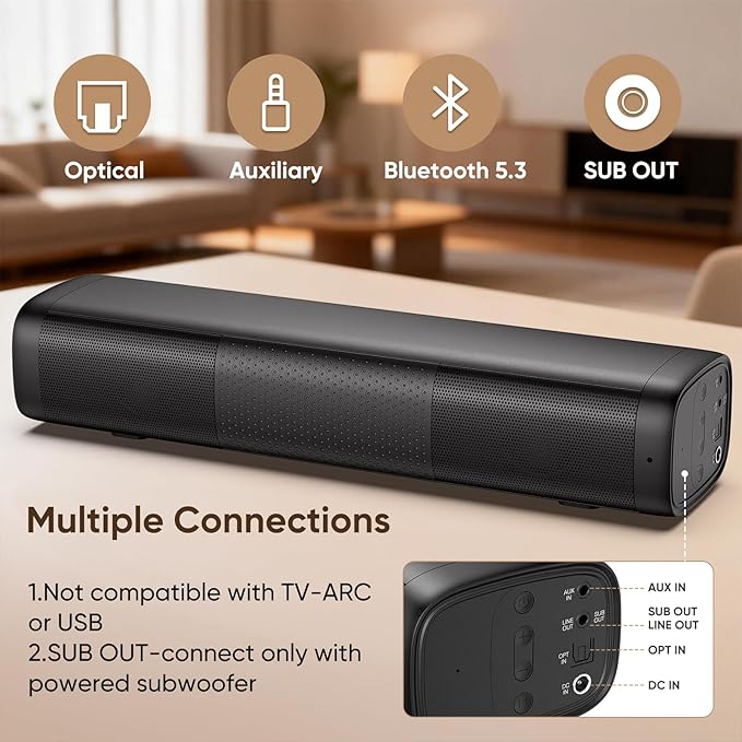 Saiyin Sound Bar for Smart TV, 11.7-inch Soundbar with Bluetooth 5.3/Optical/Auxiliary Inputs, Small Size & Big Power, 48W Peak Power Compact Sound Bar for TV, PC, Gaming, and Projectors