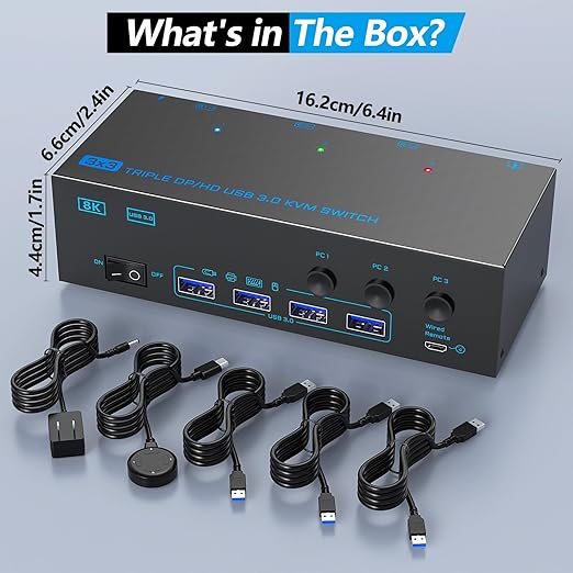 KVM Switch 3 Monitors 3 Computers, ANXQQ 8K@60Hz 4K@144Hz Triple Monitor KVM, HDMI + Displayport KVM Switch with 4 USB 3.0 Ports, 3 Monitor KVM with Power Adapter and Wired Remote